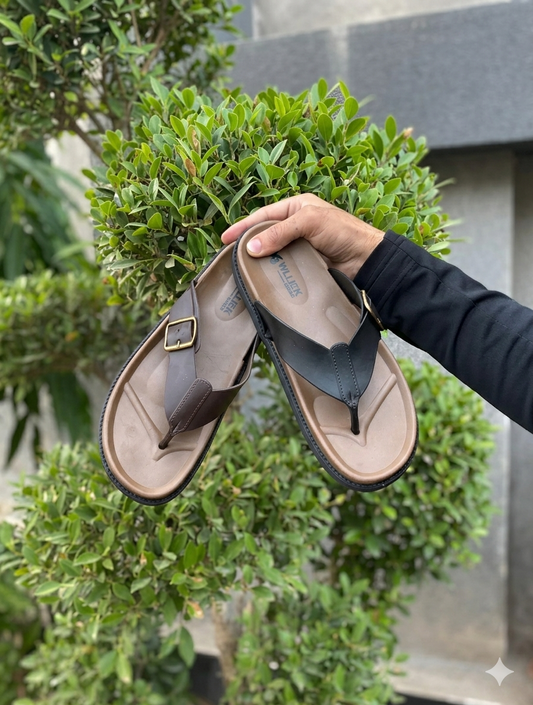 WLLIE© Urban Series – Premium Leather Buckle Sandal in Classic Black & Cedar