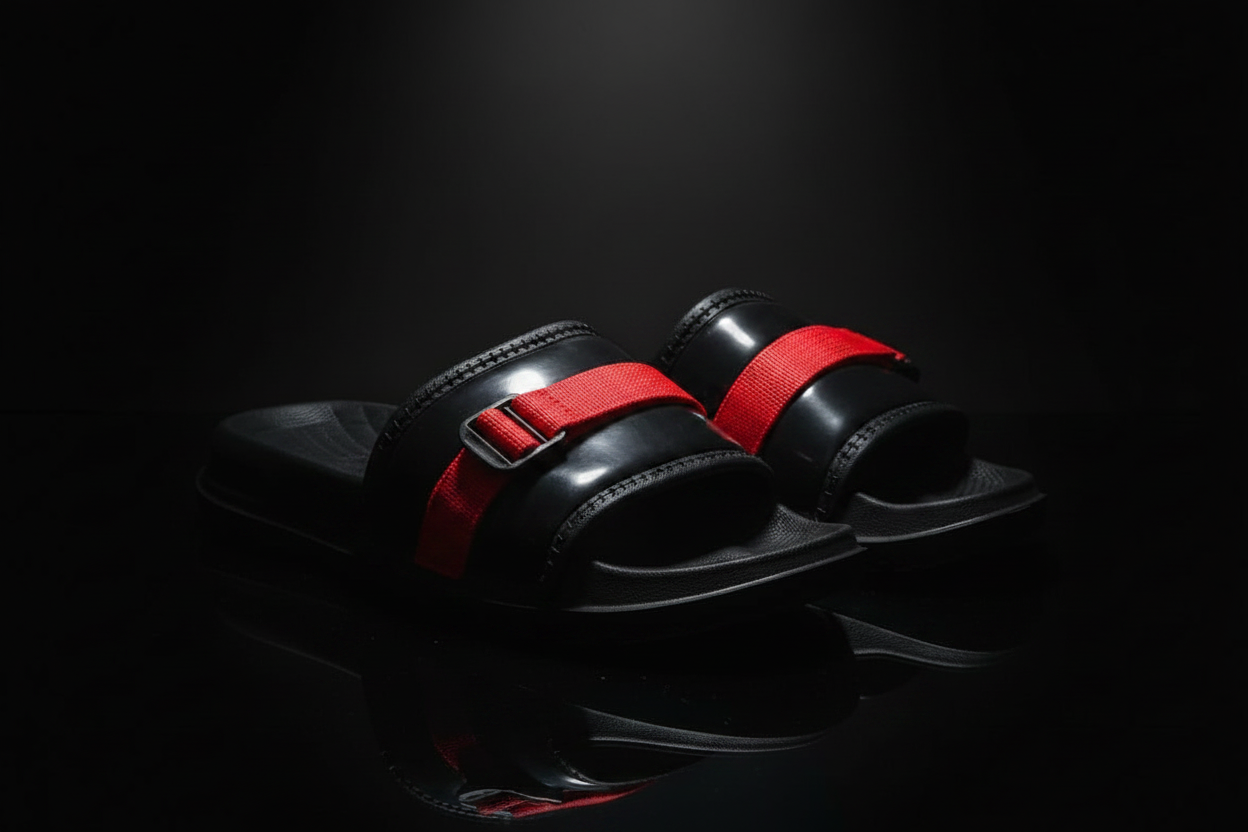 Black slides with red buckle dramatic studio shot