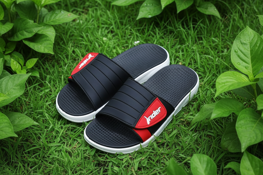 Rider black and red slippers with greenery background