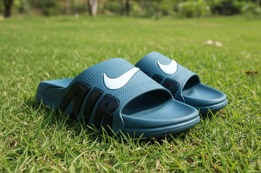Teal Nike Air Slides on Grass